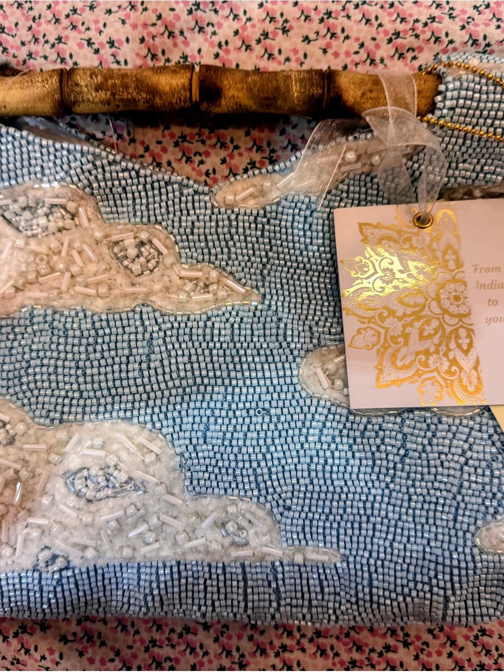 Beaded Sky Cloud Clutch in Pale Blue and White